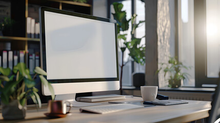 oficina o espacio de trabajo con una computadora en blanco y un escritorio con ventanales a un costado y entrada de luz para iluminar con plantas de decoracion