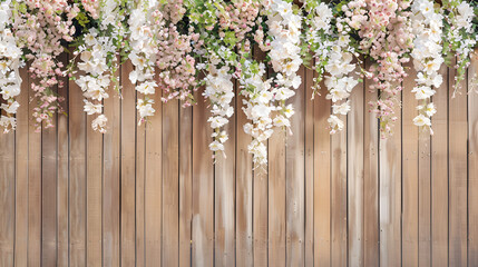muro de madera color claro con flores decorativas colgantes con espacio para copiar fondo floreado para celebracion o para evento © Erika