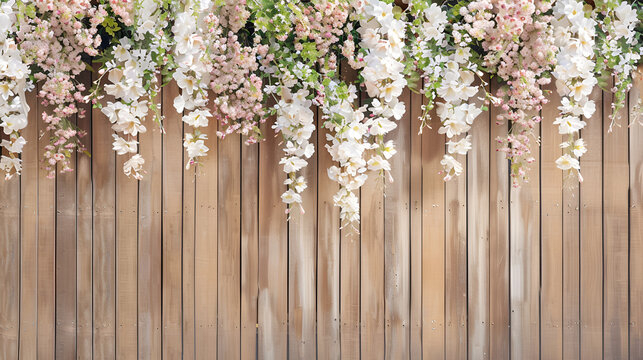 muro de madera color claro con flores decorativas colgantes con espacio para copiar fondo floreado para celebracion o para evento