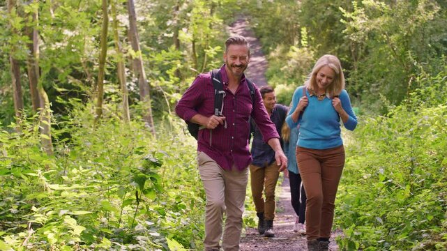 Mid adult couple on hike walking along path through trees with mature friends  -  shot in slow motion