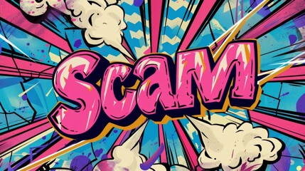 The word Scam is written in pink and outlined in black with a yellow highlight, in bold letters on a colorful comic book style background