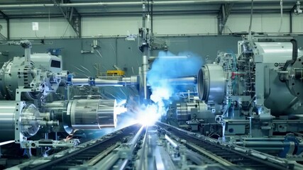 Intricate machinery within an aerospace manufacturing plant effortlessly producing aircraft engines.