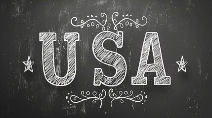 A chalkboard with the word USA written in white chalk, with decorative stars on either side