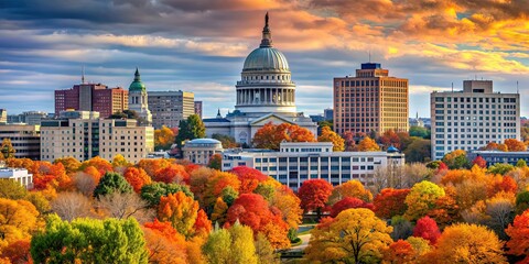 Vibrant fall foliage in Madison, Wisconsin , Autumn, colors, trees, leaves, seasonal, orange, red,...