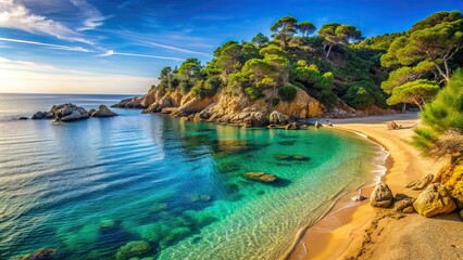 Fototapeta premium Beautiful coastal beach landscape with calm waters in a picturesque town in Costa Brava, Catalonia, beach