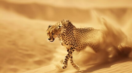 Obraz premium A cheetah runs through a sandy desert with its legs kicking up a cloud of dust
