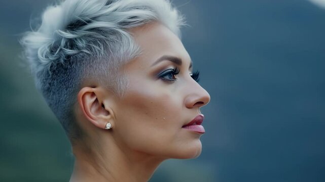Intimate closeup of a silverhaired woman her hair styled in a chic pixie gazing thoughtfully into the distance.