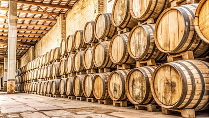 Side view of barrels of tequila at an old factory in Mexico , tequila, production, factory, alcohol, barrels