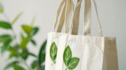 Eco friendly fabric shopping bags with green leaf logo on white background for ads