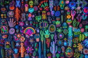 Fototapeta premium Glowing neon jellyfish with vibrant colors and psychedelic patterns in an underwater scene.