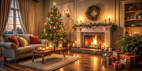 Cozy living room with fireplace, burning candles, and Christmas tree decorations, home decor, interior design, festive