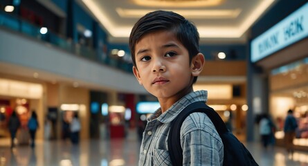 kid boy in mall department store background banner photo design with copy space