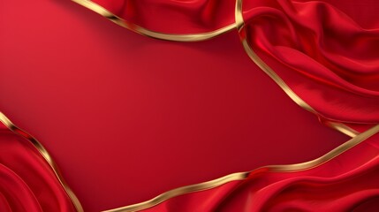 Fototapeta premium Red fabric with a gold trim creates a frame around a red background, copy space