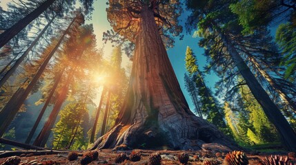 Majestic Sequoia Tree in Sunlit Forest National Park Scene for Posters or Nature Prints
