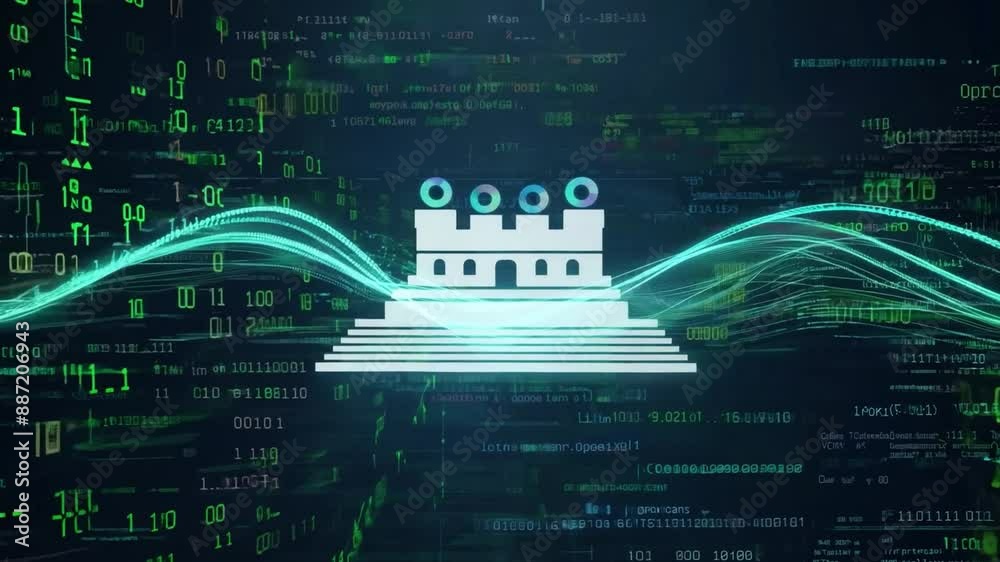 Poster a digital wave pattern with a glowing green hue moves across a dark background with binary code in t