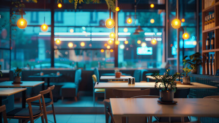 Fototapeta premium The Inviting and Stylish Café Room with Perfect Blend of Comfort, Ambiance, and Modern Design. Ideal for interior design blogs, social media promotions, and lifestyle magazines.