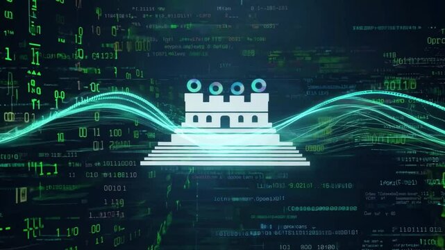 A digital wave pattern with a glowing green hue moves across a dark background with binary code in the background.