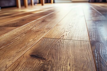 Close-up view of a newly installed wooden laminate flooring with detailed floorboards.
