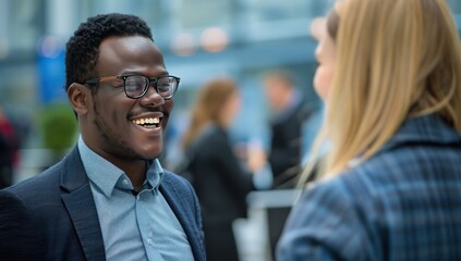 Obraz premium A man with glasses is smiling at a woman. The scene is set in a busy area with people around.
