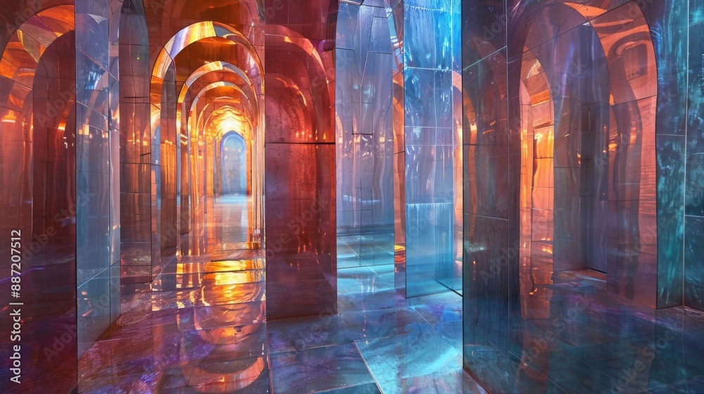 Poster A colorful glass archway maze with reflections of light and shadow creating a dreamlike atmosphere.