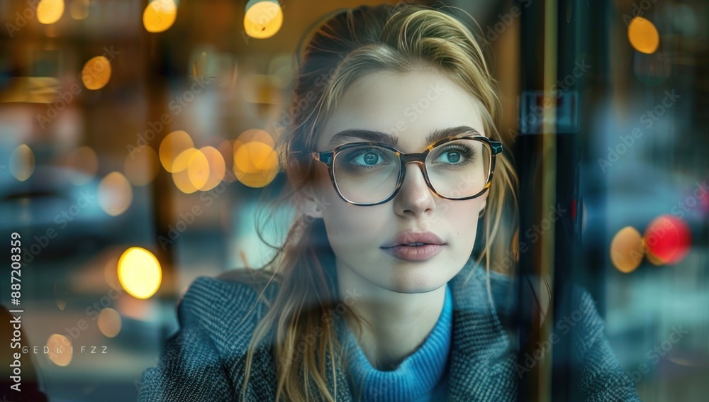 Poster A woman wearing glasses is looking out the window of a restaurant. Generate AI image