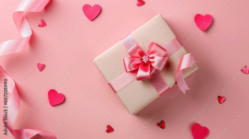 Canvas Prints valentine s day theme with gift box pink ribbon and pastel pink background in top view composition