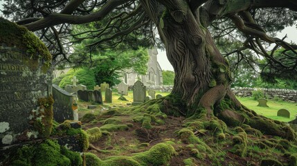 Ancient Yew Tree with Moss and Gravestones in Historic Cemetery