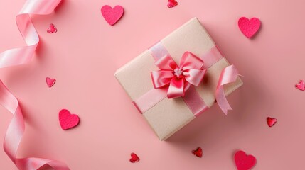 Valentine s Day theme with gift box pink ribbon and pastel pink background in top view composition
