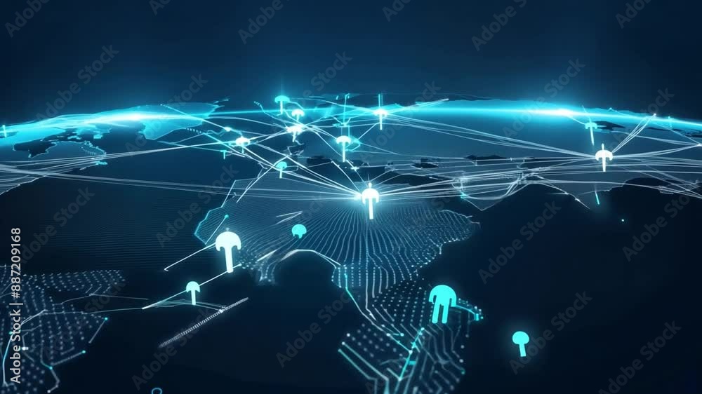 Poster a digital map of the world with network connections and data points displayed.