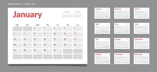 Set of 12 Pages Monthly Calendar Planner Templates on 2025 year. Vector mockup of a wall or desktop calendar with the week start on Monday for print. Pages size A4 -21x29.7cm