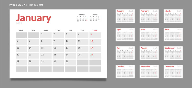 Set of 12 Pages Monthly Calendar Planner Templates on 2025 year. Vector mockup of a wall or desktop calendar with the week start on Monday for print. Pages size A4 -21x29.7cm
