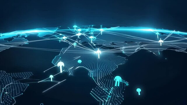 A digital map of the world with network connections and data points displayed.