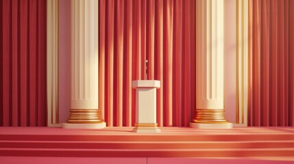 A white podium with a microphone stands in front of red curtains and two white columns with gold trim