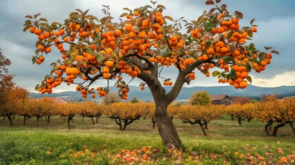 Fototapeta premium Mature Persimmon Tree in Autumn Orchard, Perfect for Seasonal Display or NatureThemed Designs