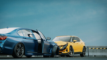 Image of a car accident that occurred on the stomach. 3d render and illustration.