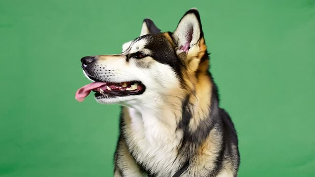 Blue-eyed husky portrait against green screen background with Ai generated.