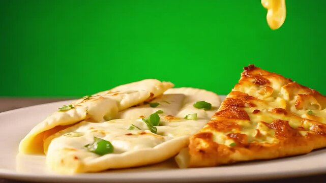 Cheese-stuffed flatbreads and pizza slice green screen background with Ai generated.
