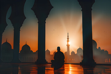 Person meditating in a stunning mosque at sunset, with sun rays illuminating the architecture. Ideal for spiritual, cultural, and travel themes. Serene atmosphere.
