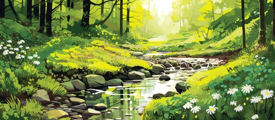 Tranquil Stream Winding Through a Sunlit Forest