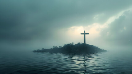 Naklejka premium Misty lake with a cross on an island evokes serenity, religious reflection, and peace. Perfect for spiritual, religious, and inspirational content.