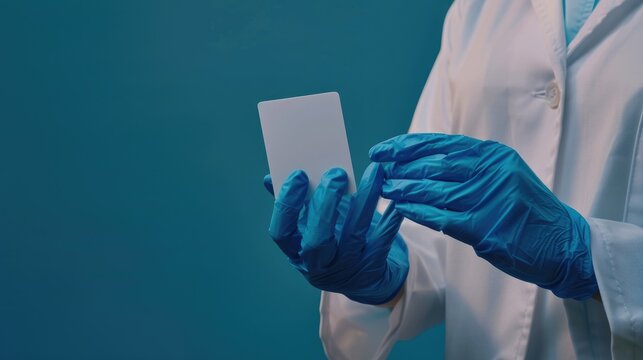 Doctor holding blue gloved hand with card reading Covid 19 Lambda Variant Concept of medical and COVID 19 lambda variant strain Blank space for writing