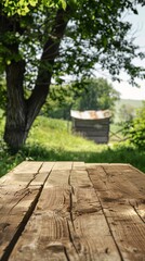 Fototapeta premium A close-up of a worn, wooden table top with a blurred background showing a shady tree and a small wooden shed in a peaceful garden setting
