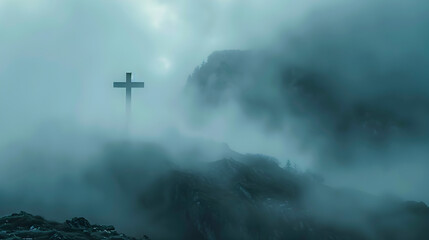 Obraz premium Solitary cross emerging from mountain mist, evoking spirituality and contemplation. Ideal for religious themes, serene settings, and serene ambient visuals.