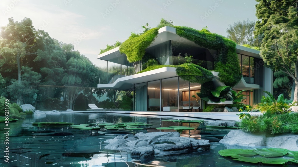 Aufkleber a modern home with a lush green roof and a large pond in the front yard. the home is surrounded by t