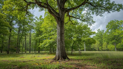 Majestic Tulip Poplar Tree in a Lush Green Forest with Wildflowers Underneath