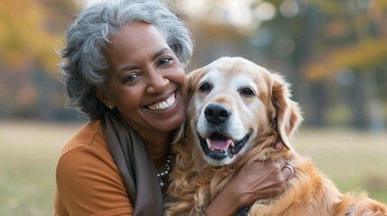 Frank old women with dogs, mature black women holding golden retrievers outside the park. Senior African American women's intimacy with happy pets. The companionship of animals. The frank old lady wit