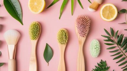 Eco friendly beauty tools made from natural materials on pink background