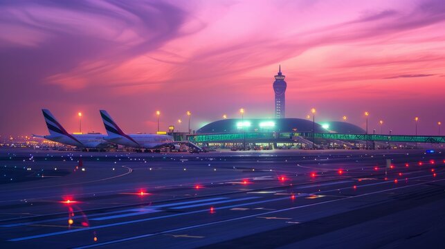 Illuminated Dubai International Airport at dusk, UAE 