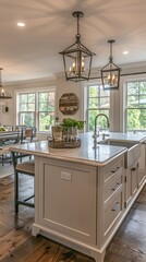 Interior design of a beautiful kitchen with a large island in a modern new England colonial home
