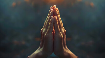 Praying hands with faith in religion and belief in god on dark background, power of hope or love and devotion, namaste or namaskar hands gesture.